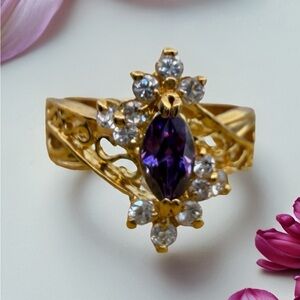 14k HGE Lind  Beautiful Ornate Amethyst and Diamond Color Setting Ring Size 6